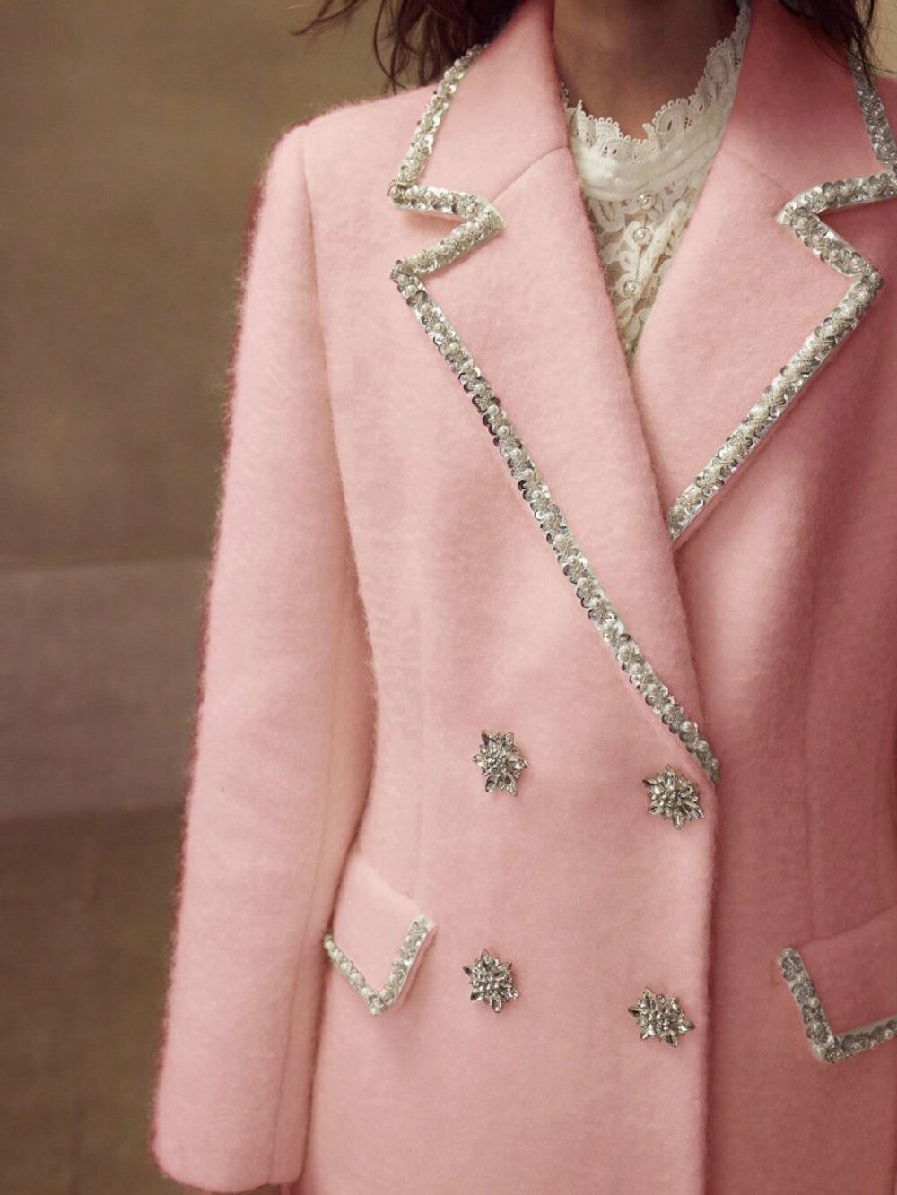 Pink Preppy Women's Rhinestone Double-Breasted Overcoat - Picture 3 of 7